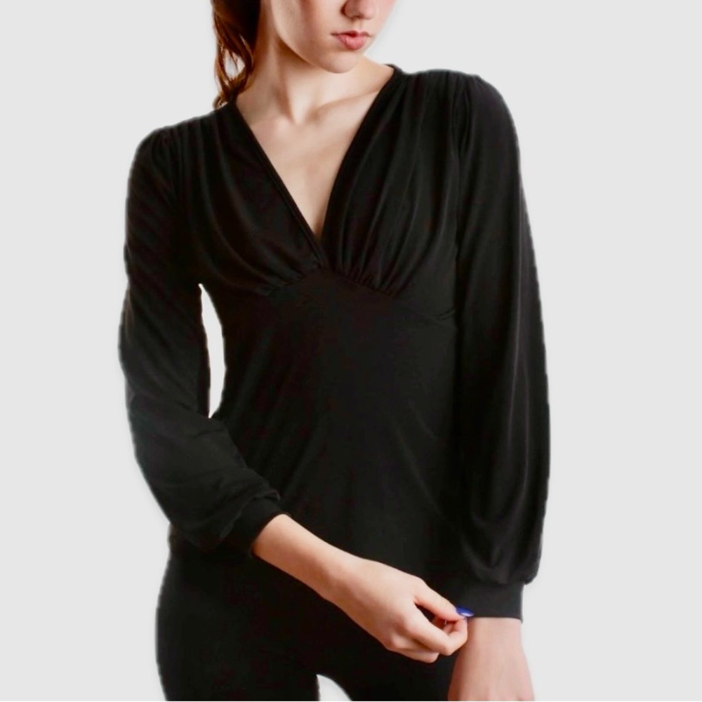 Chadwicks Deep V Ruched Black Top Women Size Small